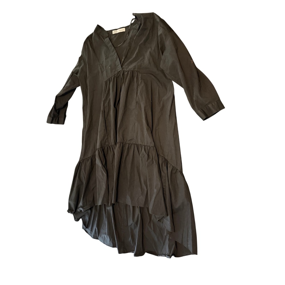 Zara Black Poplin V-Neck Tiered Ruffle Babydoll Mini Dress Long Sleeve Small